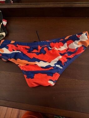 Blue & Orange Camo Men's Swim Trunks with Tricolor Waistband